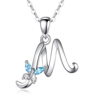Letter M Silver Butterfly Initial Elegant Necklace 18"